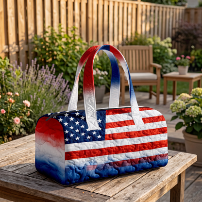 Quilted bag with American flag design on a wooden table outdoors.