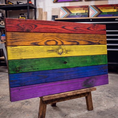 A rectangular wooden sign with horizontal rainbow stripes in red, orange, yellow, green, blue, and purple, displayed on a small wooden stand in a workshop.