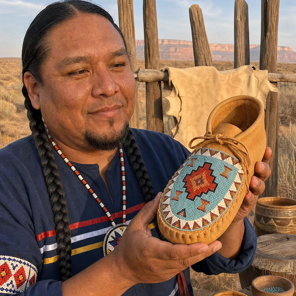A man in a blue patterned shirt holds a tan leather moccasin shoe decorated with turquoise, red, and white geometric beadwork, with other beads and tools on a wooden table in front of a rustic fence.