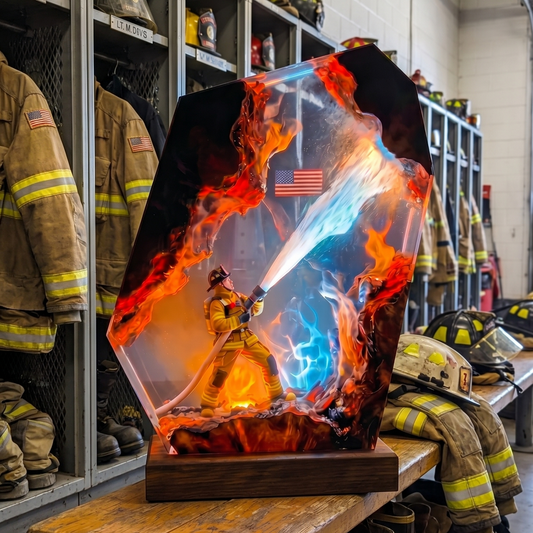 Firefighter-themed artwork in a fire station setting with gear and boots.
