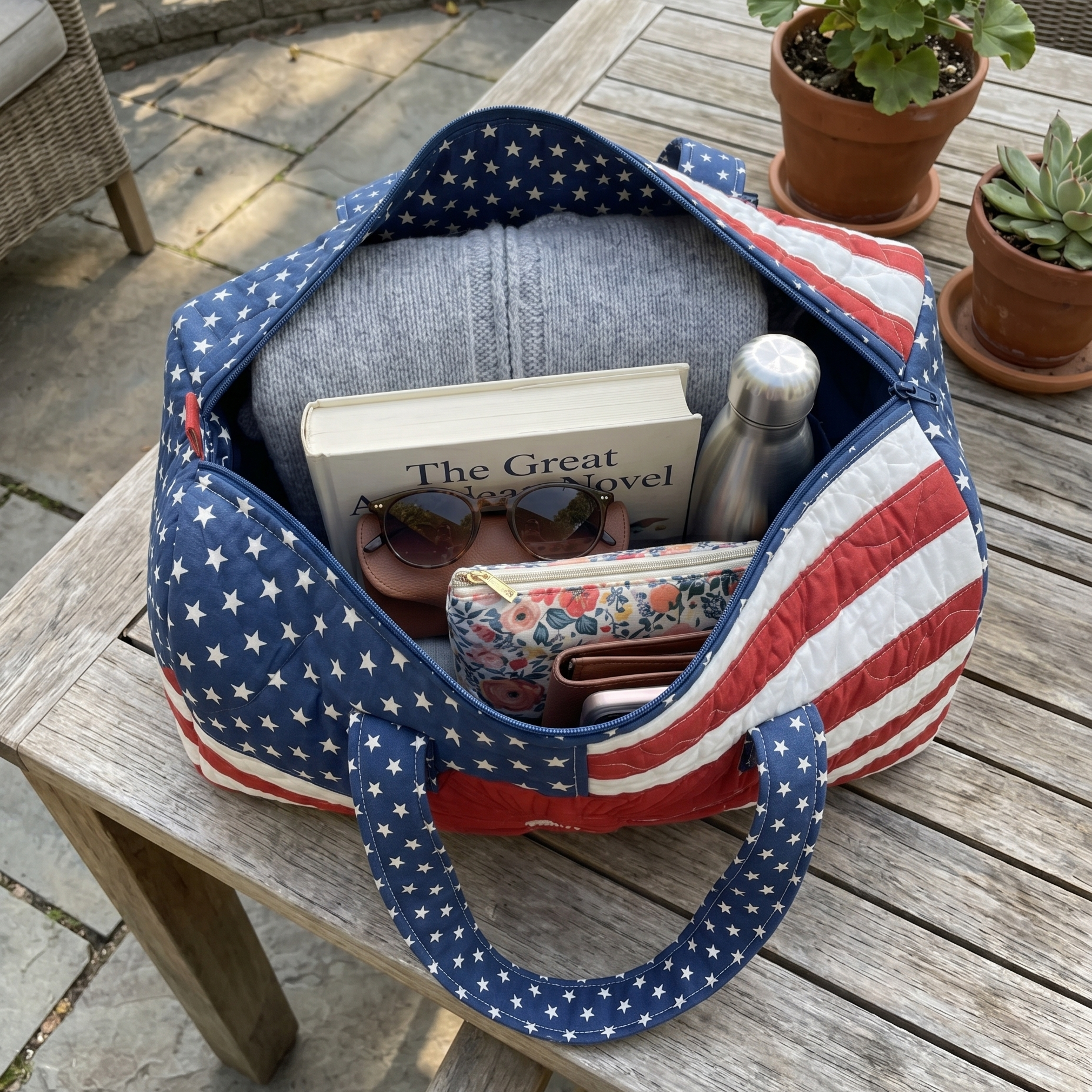 American flag patterned bag on a wooden table outdoors with books and sunglasses.
